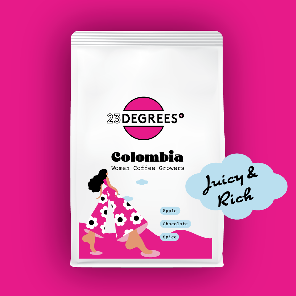 Coffee package from 23 Degrees of Colombian coffee grown by women coffee growers. Juicy and rich