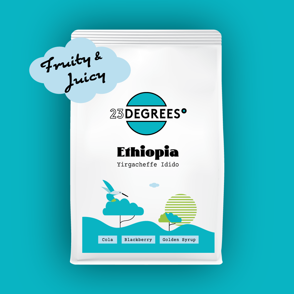coffee bag of Ethiopian coffee by 23 Degrees Coffee Roasters. Delicious fruity cup.