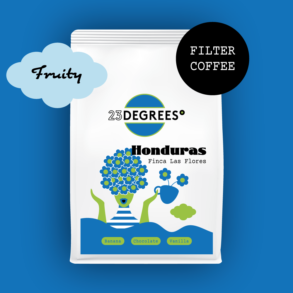 bag of filter coffee from Honduras. Fruity taste profile. Roasted by 23 Degrees Coffee Roasters. Fruity tasting notes.