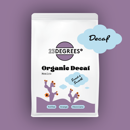 Coffee bag of organic decaf coffee beans by 23 Degrees Coffee Roasters.