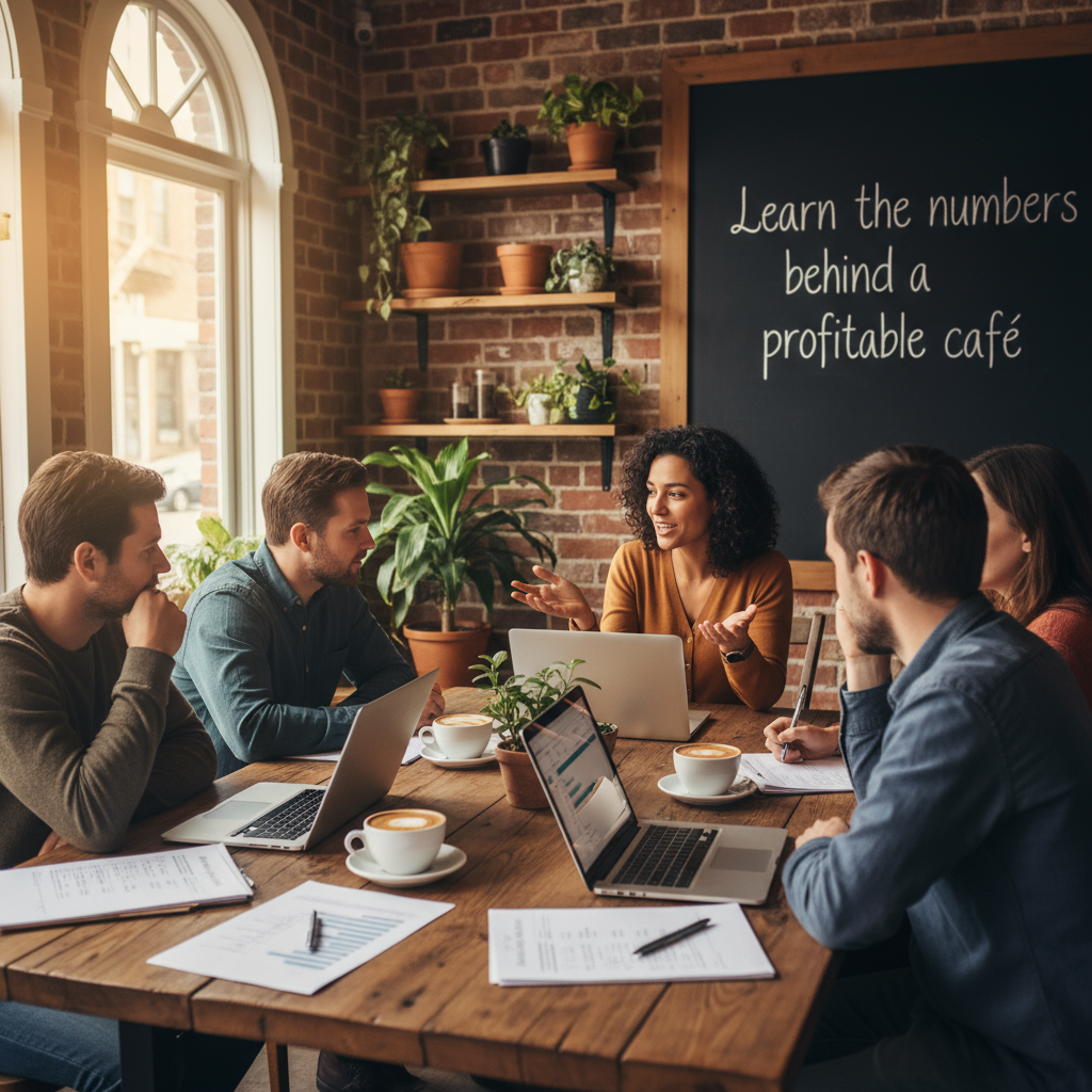 keep that picture. on the backboard write: Learn the numbers behind a profitable café
