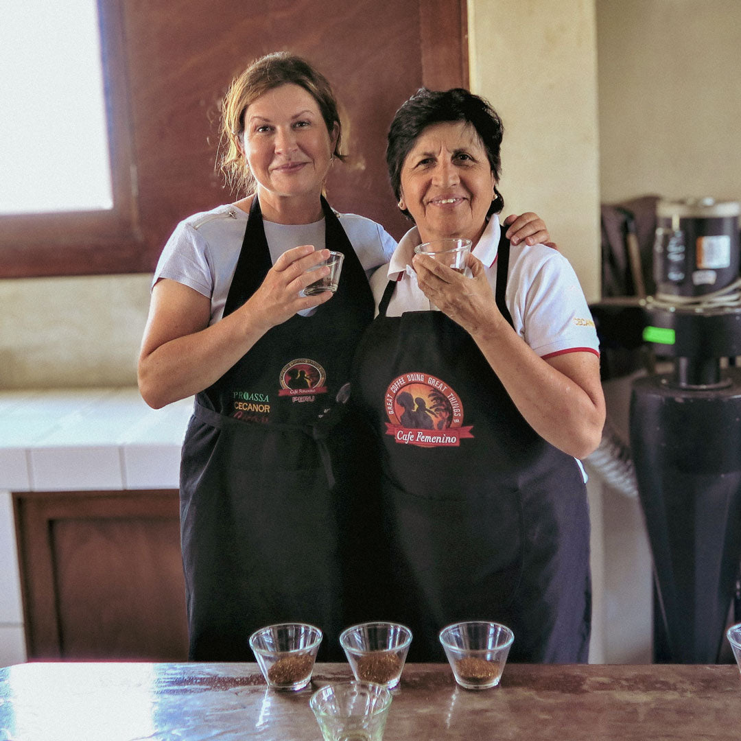 Tina and Isabel cuppong Cafe Femenino coffee at Proassa