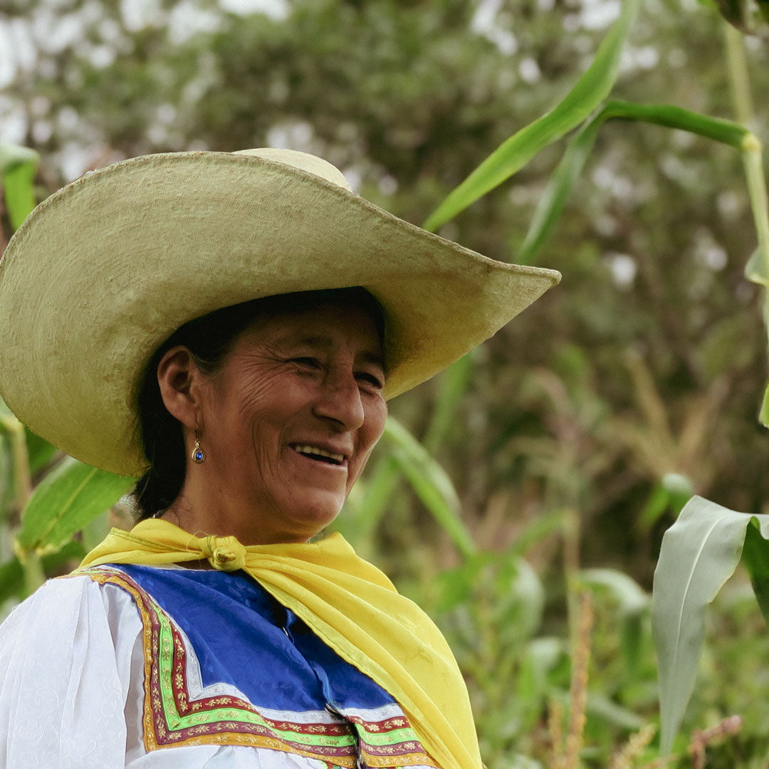 Paula, president of the women coffee and quinoa association in Peru at her vegetable garden in Peru - funded by Cafe Femenino foundation